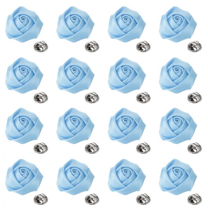 メンズスーツ用ラ ペルフラワー16個セット 2インチメンズサテンローズアーティフィシャルファブリックフラワーブローチブートニア ウェディングパーティープロムセレモニー用 ライトブルー
