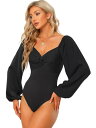 Allegra K レオタード ロングT シャツ 無地トップス V ネック パフスリーブ 長袖 ボディスーツ 春秋 レディース ブラック L