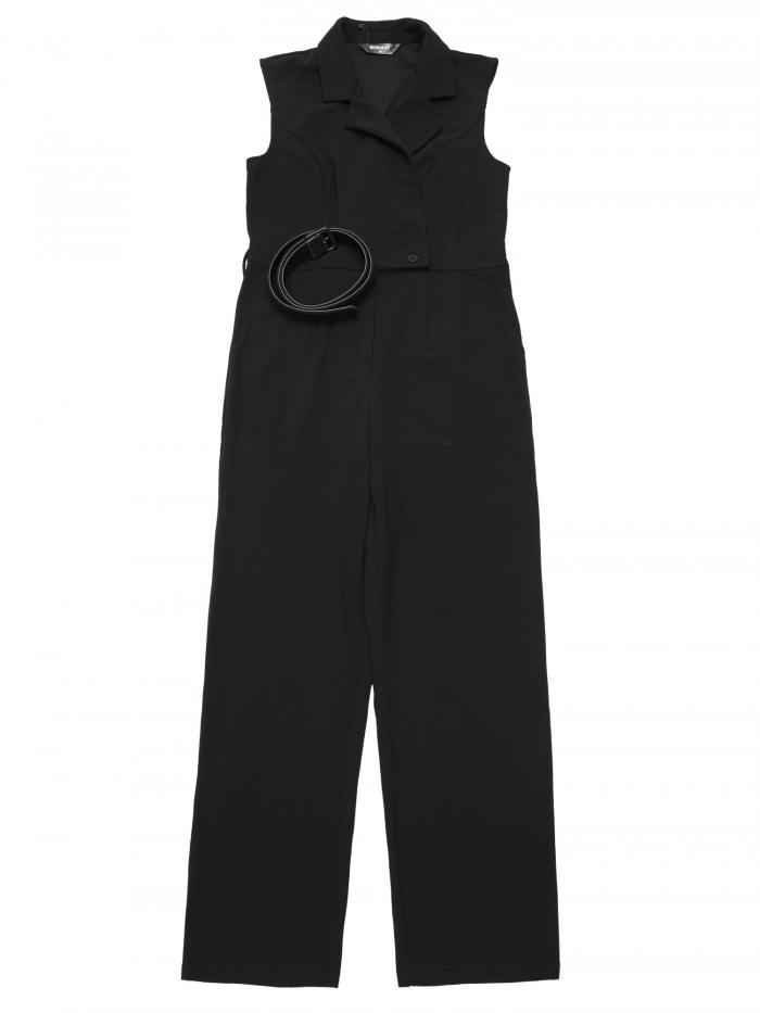 Allegra K レディース ジャンプスーツ セットアップ ノースリーブ ロングパンツ ワイドレッグ ベルト付き 無地 Vネック ブラック XL