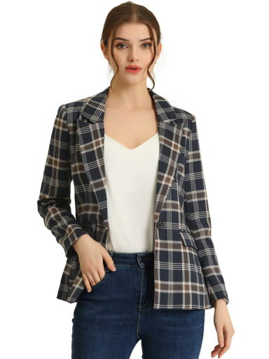 Allegra K ジャケット ブレザー 長袖 千鳥格子 ワンボタン ノッチドラペル レディース ダークブルー S Allegra K ジャケット ブレザー 長袖 千鳥格子 ワンボタン ノッチドラペル レディース ダークブルー S