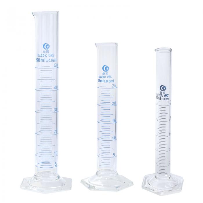 PATIKIL 10 25 50ml 3.3 ホウケイ酸ガラスメスシリンダーセット 六角ベースブルー目盛りシリンダー ラボ家庭用 クリア