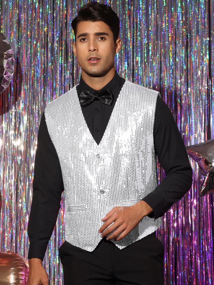 Lars Amadeus スパンコールベスト スーツ チョッキ 光沢のある Vネック パーティー ノースリーブ バーテンダー メンズ ホワイト L