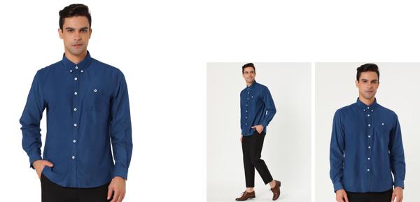 Lars Amadeus メンズ コーデュロイシャツ クラシック レギュラー 長袖 無地 ポイントカラー ポケット ボタンダウン ブルー S