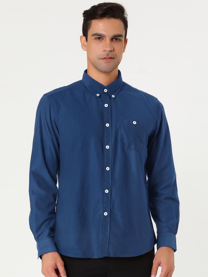 Lars Amadeus メンズ コーデュロイシャツ クラシック レギュラー 長袖 無地 ポイントカラー ポケット ボタンダウン ブルー S