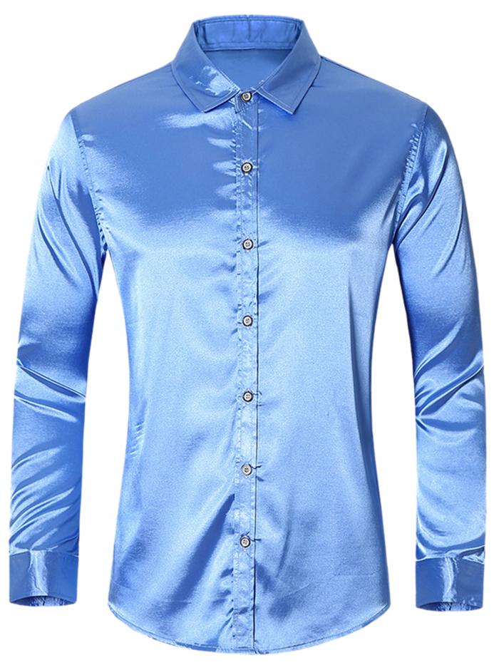 Lars Amadeus サテンシャツ タキシードシャツ ウエディング 長袖 ボタンダウン スリムフィット フォーマル パーティー メンズ ブルー 2XL
