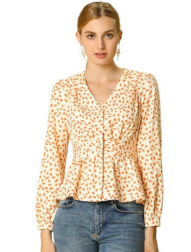 Allegra K 水玉 ブラウス ペプラム トップス Vネック 通勤シャツ 長袖 スモックシャーリング レディース ベージュ M Allegra K 水玉 ブラウス ペプラム トップス Vネック 通勤シャツ 長袖 スモックシャーリング レディース ベージュ M