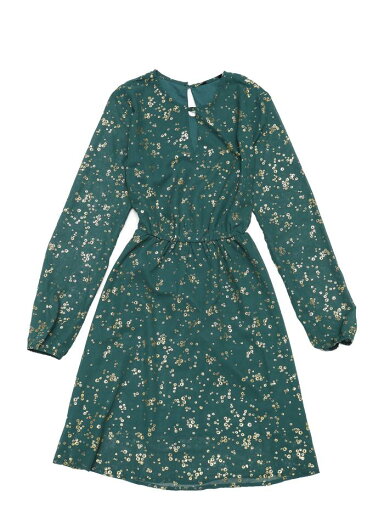 Allegra K フレアワンピース Aライン 長袖 チョーカー風Vネック メタリック シャイニー 星柄 レディース グリーン 花柄 XS Allegra K フレアワンピース Aライン 長袖 チョーカー風Vネック メタリック シャイニー 星柄 レディース グリーン 花柄 XS