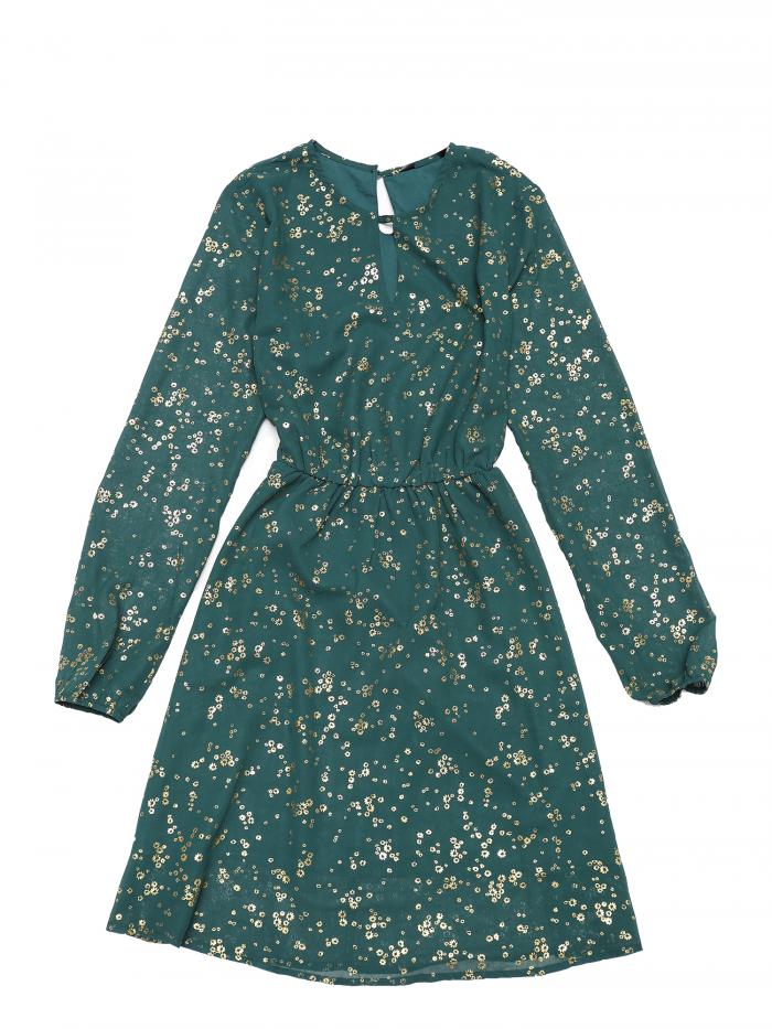 Allegra K フレアワンピース Aライン 長袖 チョーカー風Vネック メタリック シャイニー 星柄 レディース グリーン 花柄 XL