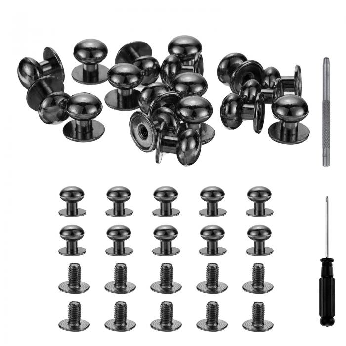丸頭ボタンスタッドスクリュー 10mm合金レザーリベット ホローパンチスクリュードライバー付き 修理や布地 衣類 靴 バッグのDIYに最適 黒