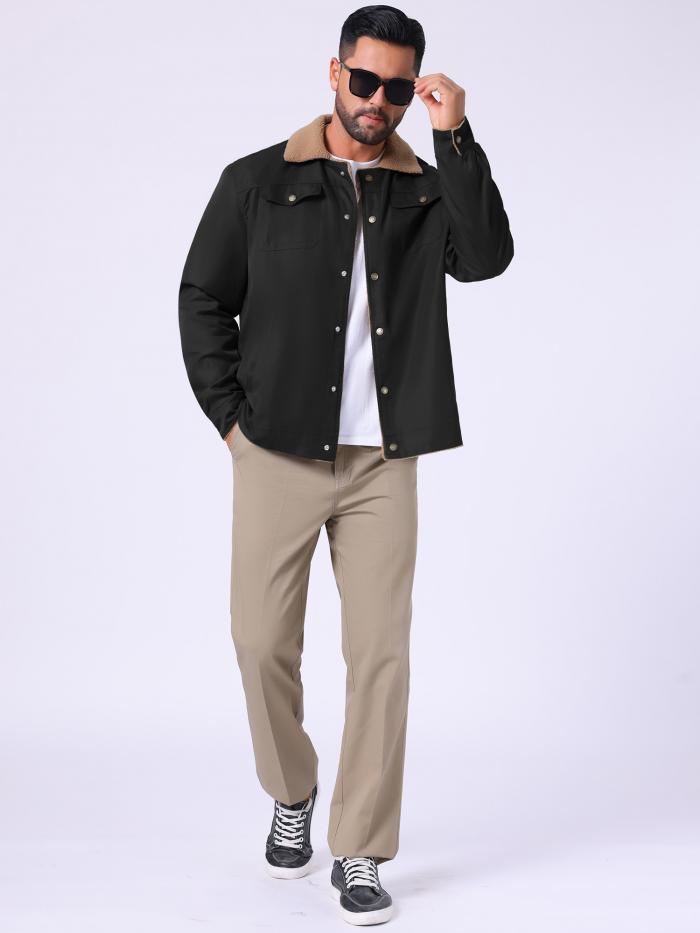 TATT 21 メンズ 冬物コート 襟付き ボタンフロント フリース裏地 カーゴ トラッカージャケット ブラック L