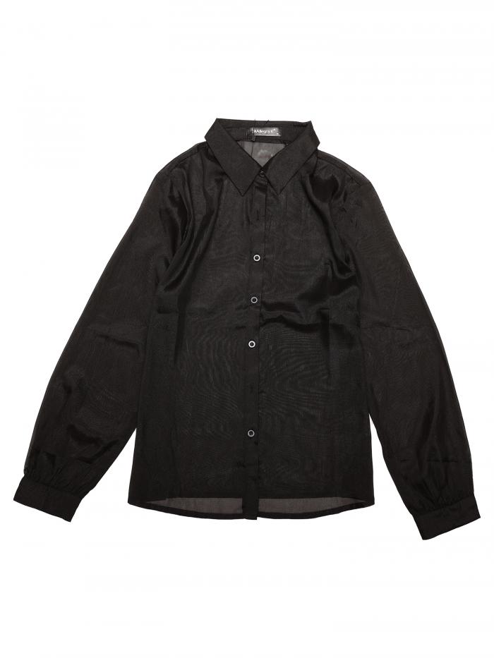 Allegra K 無地シャツ 長袖ブラウス トップス ポイントカラー ボタンダウン シャツ メッシュシアー レディース ブラック XL