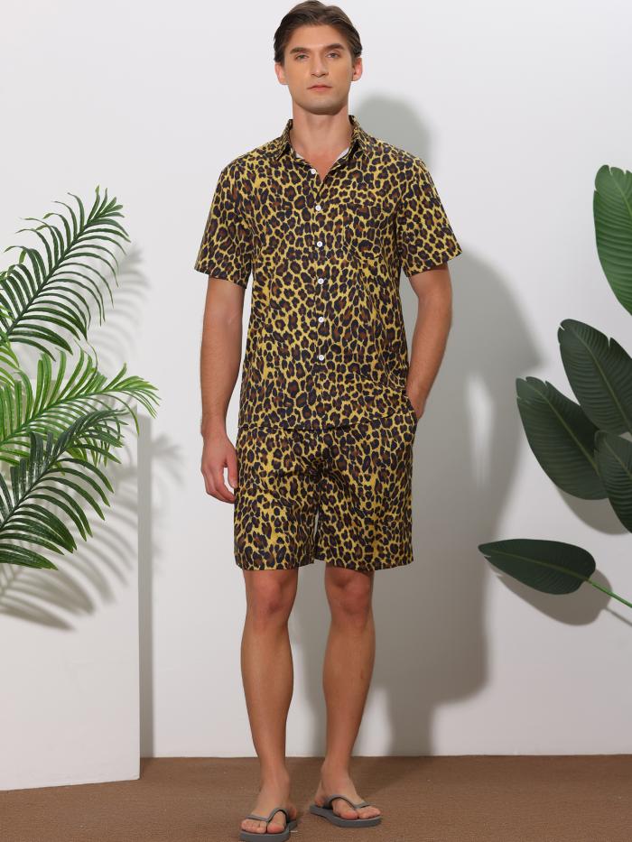 Lars Amadeus メンズ 夏用 アニマルプリント ハワイアンセット 2ピース 半袖 パターンシャツとショーツセット ブラウン M