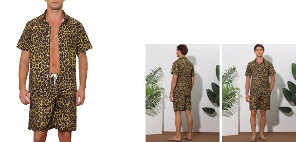 Lars Amadeus メンズ 夏用 アニマルプリント ハワイアンセット 2ピース 半袖 パターンシャツとショーツセット ブラウン 2XL