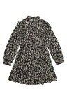 Allegra K 花柄ワンピース ドレス aライン 肩フリル スタンドカラー 長袖 レディース ブラック菊 XS