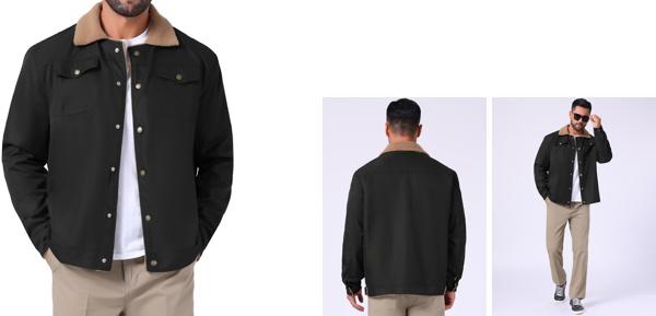 TATT 21 メンズ 冬物コート 襟付き ボタンフロント フリース裏地 カーゴ トラッカージャケット ブラック L