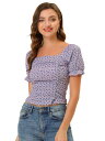 Allegra K 花柄ブラウス スモッククロップトップ ニット フリル袖口 スリムフィット レディース パープル XS(4)