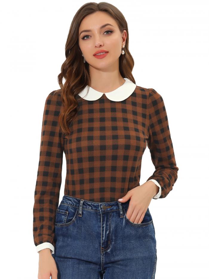 Allegra K ハロウィン衣装 チェック柄 丸襟 ブラウス シャツ パフスリーブ 長袖 丸首 レディース ブラウン色 M