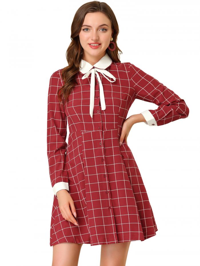 Allegra K チェック柄 ワンピース 丸襟 Aライン フレアピーターパンカラー ボタンアップ レディース レッド L