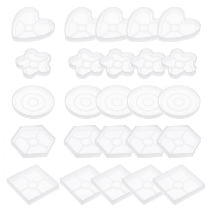 レジンシリコンコースターモールドセット（25個入り）5種類 エポキシ成形用モールド レジンクラフトDIYアートホームデコレーション ハート フラワー ラウンド ヘキ サゴン 透明