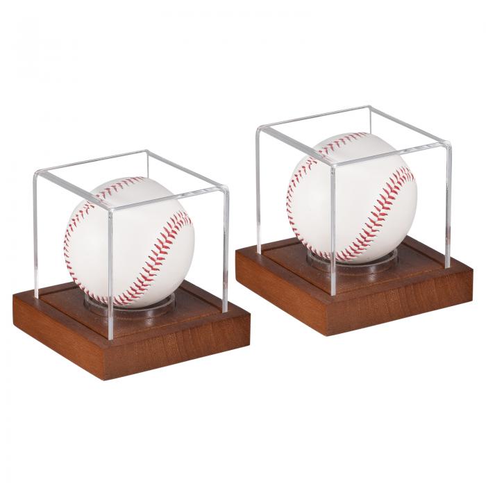木製ベース付き野球ディスプレイケース2個セット アクリル製野球ホルダーで記念品ボールをショーケースに展示 パインウッド製
