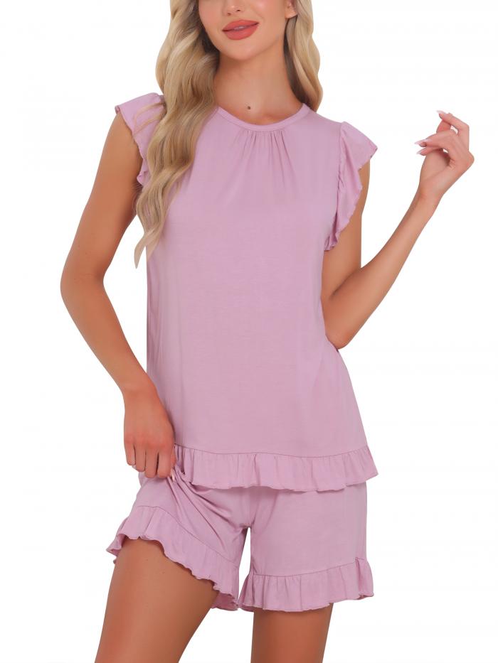 商品詳細 特徴 【属性1】デザイン：女性用のかわいい2ピースパジャマセット。トップスはキャップスリーブのフリル、ショーツは伸縮性のあるウエストが特徴です。【属性2】素材：柔らかく快適、通気性があり肌に優しい。日々のストレスから解放され、リラックスして快適な夜を過ごせます。【属性3】用途: この T シャツとショーツのセットは、ナイトウェア、寝巻き、普段着、休日、部屋着として最適です。ゲストがいるときでも、家でくつろぐのに最適です。【属性4】パジャマセットは、春、夏、秋、普段着、室内、リビングル ーム、ベッドルーム、ホテル、職業、旅行、結婚披露宴、誕生日パーティー、ハネムーン、休暇、記念日に最適です。【属性5】ご注意：ご購入前にサイズ表と以下の詳細をよくご確認ください。【商品説明】この女性用スリープセットは、95% ビスコース 5% スパンデックスで作られており、軽量で通気性があり、肌に優しく、涼しく心地よい感覚を与え、快適な睡眠をお楽しみいただけます。女性用のかわいい2ピースパジャマセットは、キャップスリーブのフリルが特徴で、袖が小さすぎることを心配する必要はありません。ショーツは伸縮性の高いウエストとゆったりとしたスタイルが特徴です。かわいくて甘いパジャマセットは、あなたをより魅力的に見せます。 注意書き ■商品の色及びサイズは、撮影状況やPC環境により多少異なって見える場合がございます。 ■サイズは目安です。商品により若干の誤差がございます。 ■メーカーの都合により、商品細部のデザインや素材が予告無く変更される場合がございます。