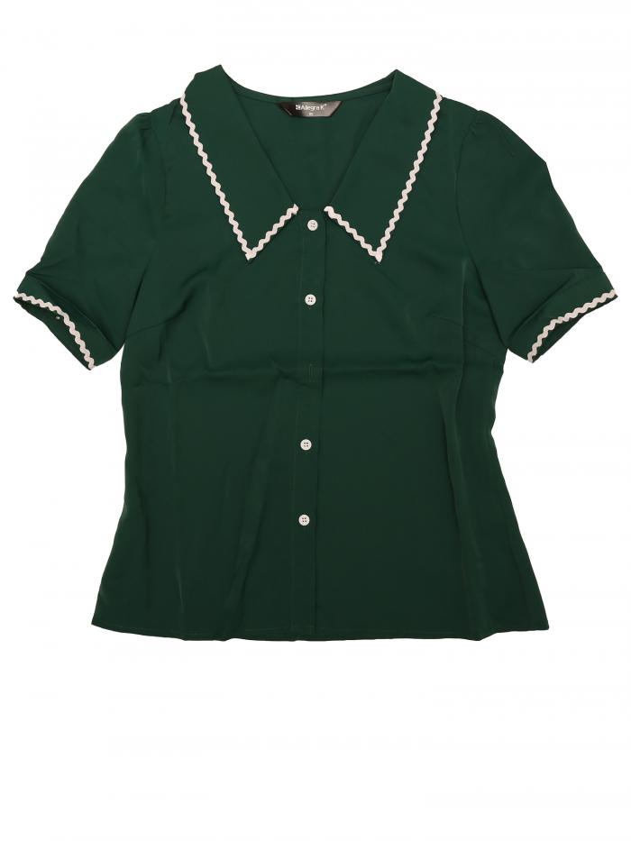 Allegra K 丸襟 シフォンブラウス 半袖 折り襟 ボタン シャツ オフィス カジュアル トップス おしゃれ 通勤 OL レディース ダークグリーン M