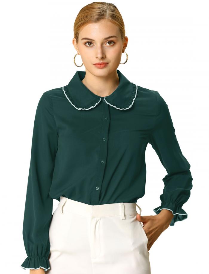 襟付き 白 シャツ ブラウス 丸襟 フリル ボタンアップ 長袖 レディース 濃い緑 L