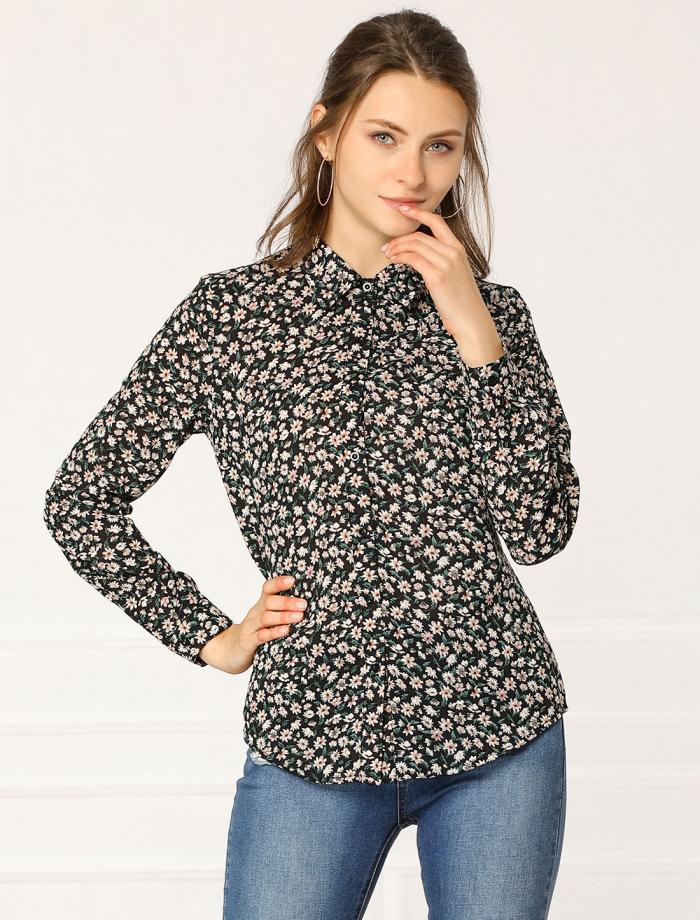 Allegra K セミシアートップス 花柄 シャツ ピーターパンカラー ボタンフロント レディース ホワイトピンク XS