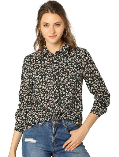 Allegra K 花柄シャツ ブラウス 長袖 おしゃれ ボタンダウン 通勤 オフィス カジュアル レディース ブラック S Allegra K 花柄シャツ ブラウス 長袖 おしゃれ ボタンダウン 通勤 オフィス カジュアル レディース ブラック S