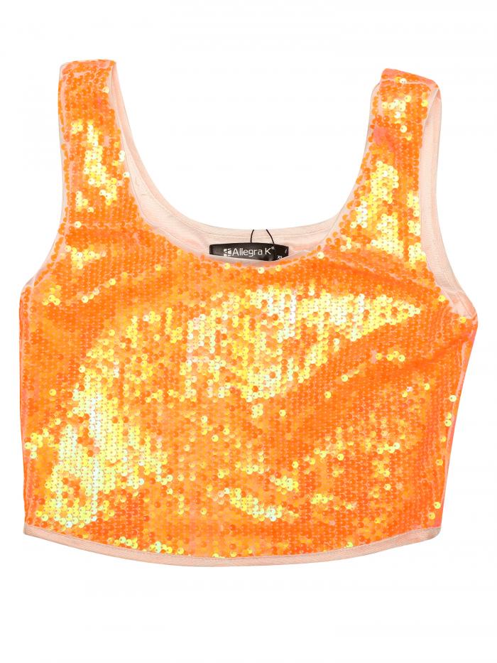 Allegra K クロップタンクトップ 衣装 ノースリーブ クラブウェア メタリック スパンコール ラウンドネック レディース オレンジ S