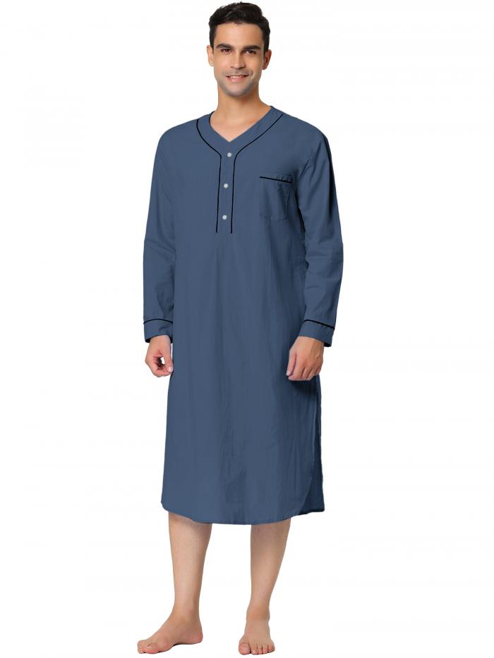 Lars Amadeus ナイトガウン パジャマ ナイトシャツ スリープシャツ コットン 長袖ヘンリー メンズ ネイビーブルー L