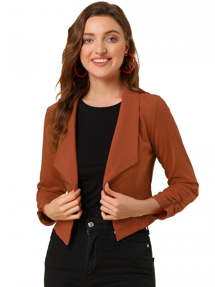 Allegra K ショート ジャケット クロップド ブレザー 前開き オフィス 事務服 無地 レディース ブラウン XS