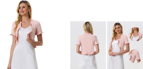 Allegra K クロップド カーディガン 前開き ニットボレロ フリル シュラッグ レディース ピンク L