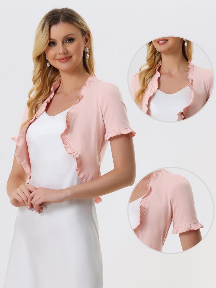 Allegra K クロップド カーディガン 前開き ニットボレロ フリル シュラッグ レディース ピンク L