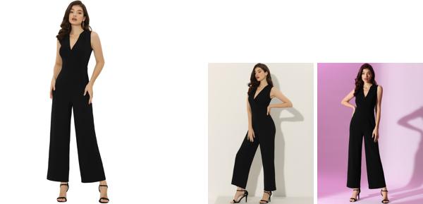 Allegra K ワイドレッグ ロンパース ロングパンツ ジャンプスーツ ノースリーブ Vネック ハイウエスト レディース ブラック XL