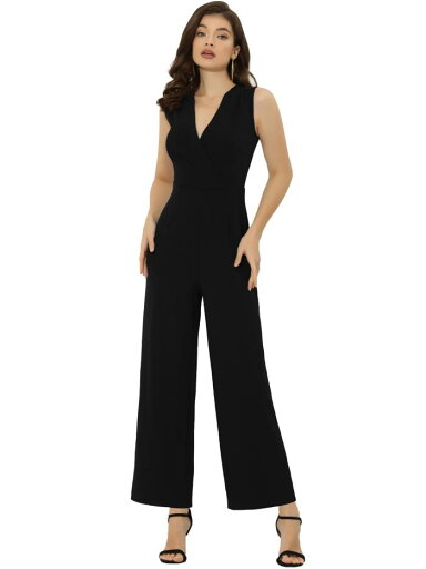 Allegra K ワイドレッグ ロンパース ロングパンツ ジャンプスーツ ノースリーブ Vネック ハイウエスト レディース ブラック XL Allegra K ワイドレッグ ロンパース ロングパンツ ジャンプスーツ ノースリーブ Vネック ハイウエスト レディース ブラック XL