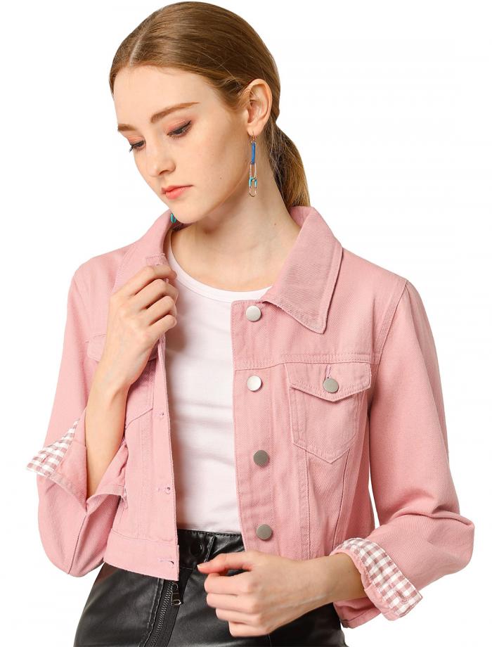 デニムジャケット クロップド ボタンダウン 長袖 ベーシック カジュアル レディース ピンク L