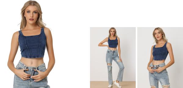 Allegra K レディース デニム ノースリーブ トップス スクエアネック クロップド ストレッチ タンクトップ キャミソール ブルー S