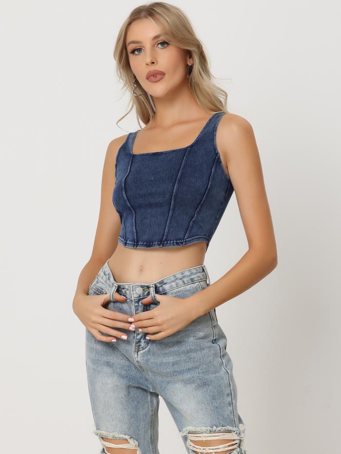 Allegra K レディース デニム ノースリーブ トップス スクエアネック クロップド ストレッチ タンクトップ キャミソール ブルー S