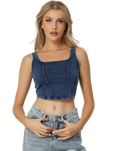 Allegra K レディース デニム ノースリーブ トップス スクエアネック クロップド ストレッチ タンクトップ キャミソール ブルー S Allegra K レディース デニム ノースリーブ トップス スクエアネック クロップド ストレッチ タンクトップ キャミソール ブルー S
