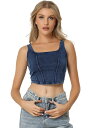 Allegra K レディース デニム ノースリーブ トップス スクエアネック クロップド ストレッチ タンクトップ キャミソール ブルー M(4)