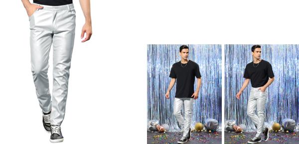 Lars Amadeus メタリックパンツ 光沢パンツ スリムフィット ナイト クラブ ディスコ シャイニー フェイクレザー メンズ シルバー 32