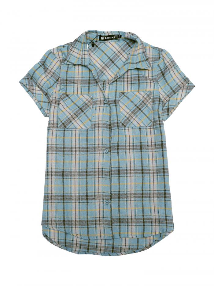 Allegra K 赤チェックシャツ 半袖 フランネル レディース ボタンダウン カジュアル 夏 グレーブルー L