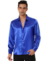 Lars Amadeus サテンシャツ 光沢 無地 長袖 ボタンダウン ステージ衣装 メンズ ブルー XL