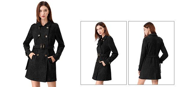 トレンチコート オシャレ ジャケット レディース OL 通勤 秋冬 防寒 フェイクスエード ダブルボタン ベルト付き カジュアル ブラック S