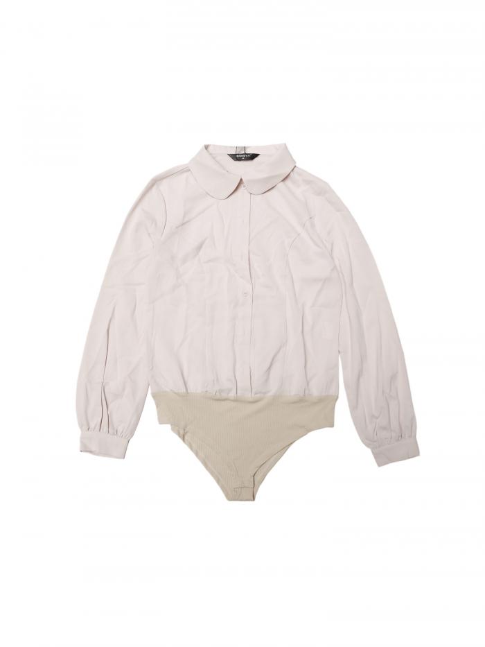 Allegra K レディース ピーターペンカラー ボタンアップ 長袖 ビジネス ワークシャツ ブラウス ベージュ XS