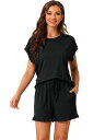 cheibear レディース パジャマ フリル 夏服 半袖 トップス ショートパンツ付き ソフト ラウンジ セット ブラック 2XL