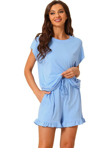 cheibear レディース パジャマ フリル 夏服 半袖 トップス ショートパンツ付き ソフト ラウンジ セット ライトブルー 3XL cheibear レディース パジャマ フリル 夏服 半袖 トップス ショートパンツ付き ソフト ラウンジ セット ライトブルー 3XL