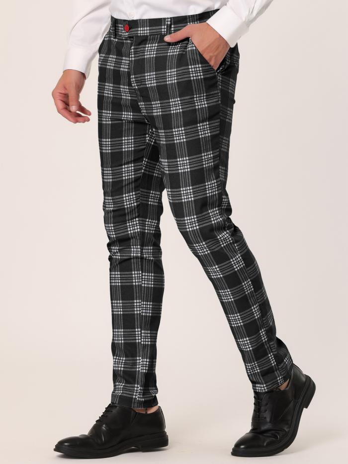 Lars Amadeus チェック柄パンツ カジュアル スリム フラットフロント スキニー チェックパンツ メンズ ブラック 2XL