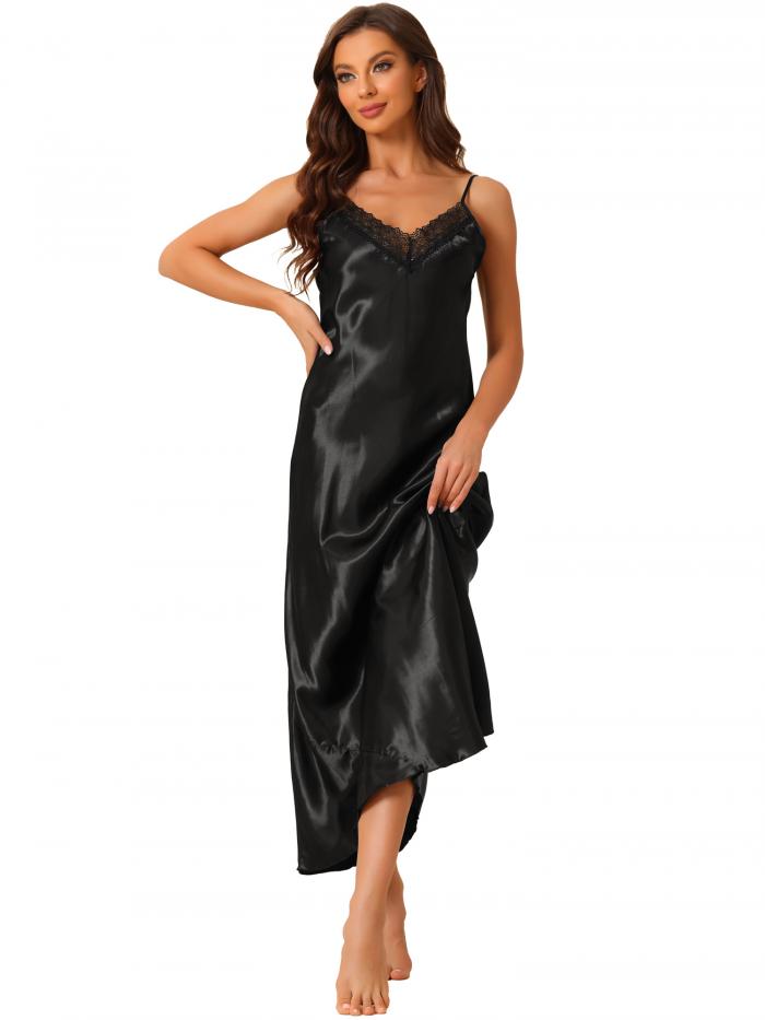 cheibear パジャマ ドレス キャミ サテン ノースリーブ Vネック レース 光沢 ラウンジ マキシ ナイトガウン レディース ブラック S